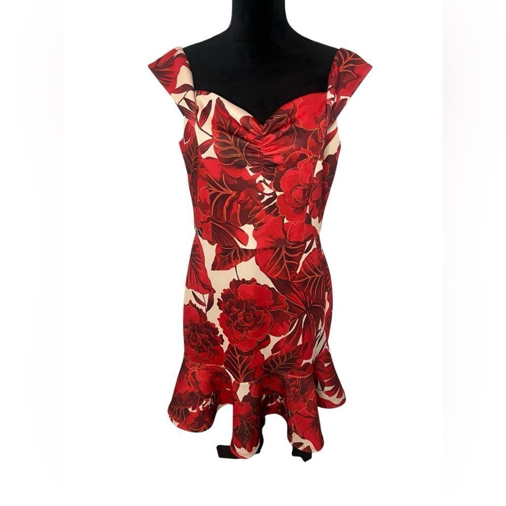 BOSTON PROPER RED/WHITE FLORAL ELEGANT COCKTAIL DRESS WOMENS SIZE 14 - Picture 2 of 7